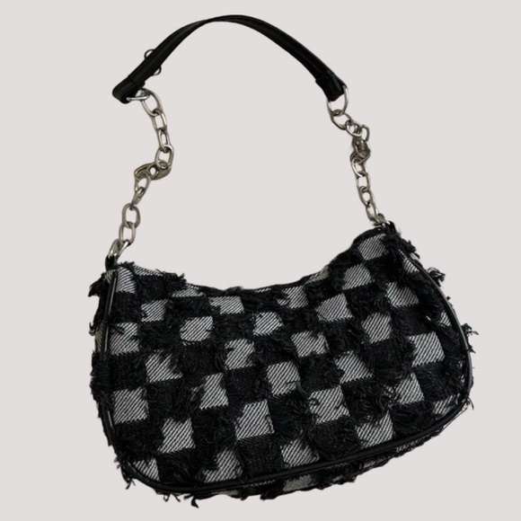 Checkerboard Chain Shoulder Bag - Black & Gray - Picture 4 of 7